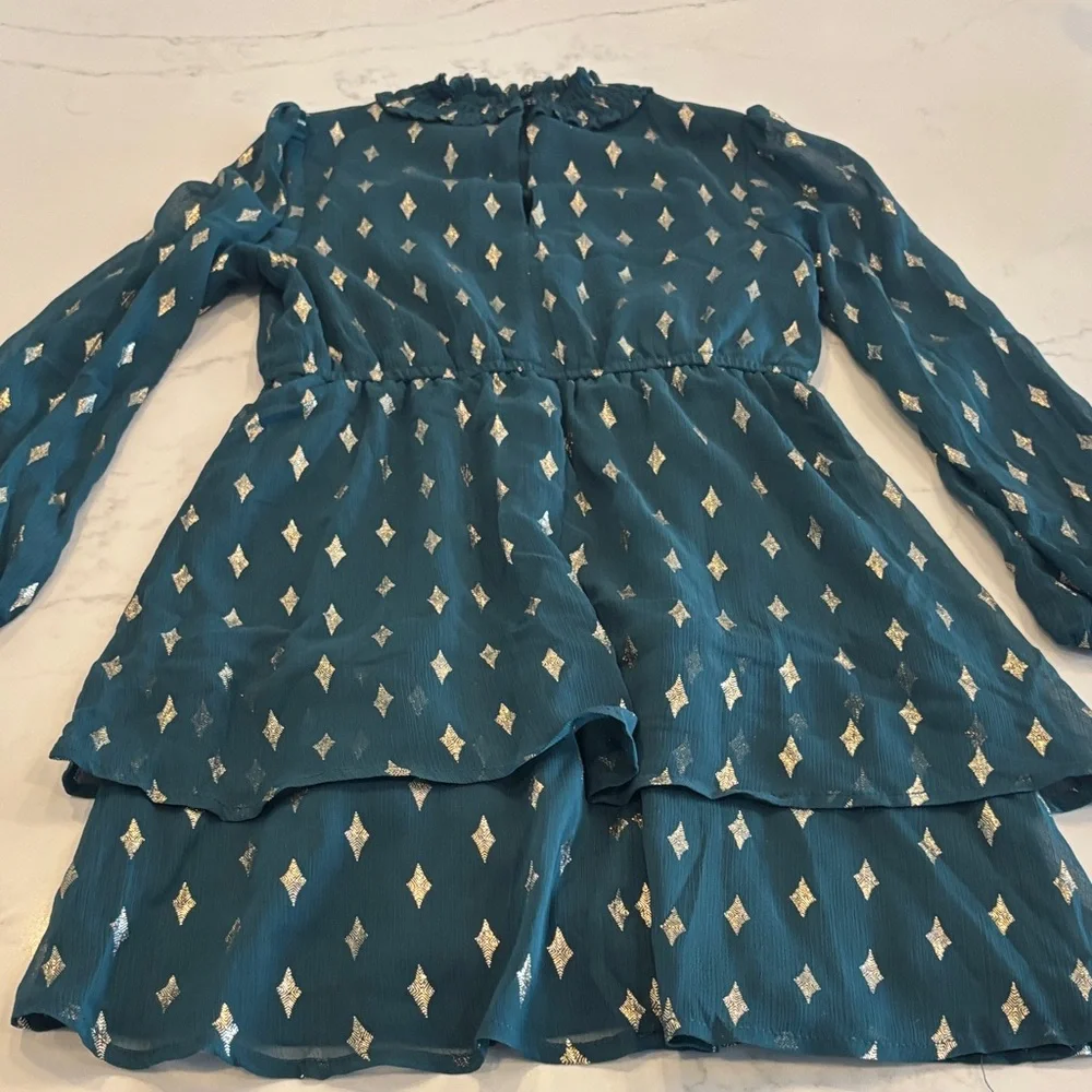 NWOT, Elegant Kids Dress in Teal with Gold Patterns